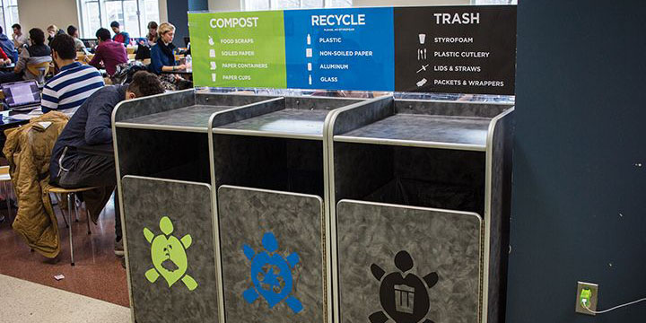 compost, recycle, and trash bins