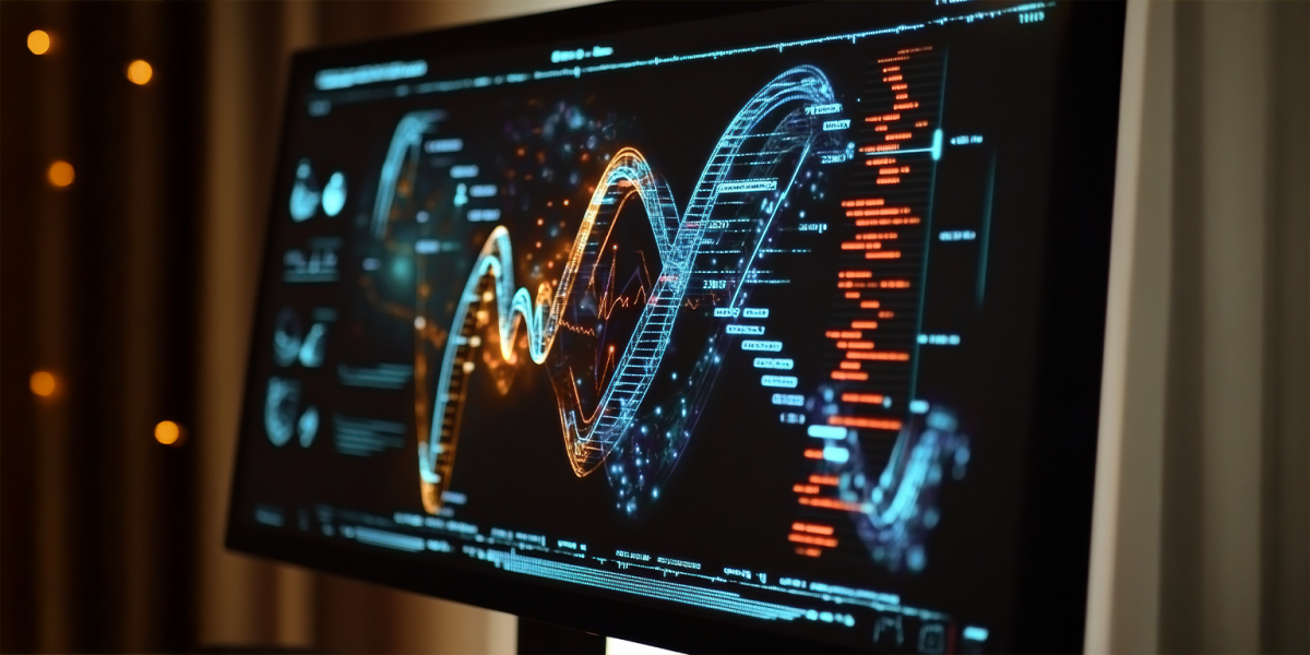 Complex genetic information is presented on a screen, showcasing DNA sequences and data visualizations used in research and analysis. Generative AI