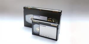 A large and a small Betacam SP (or Beta SP) Tape which were used for professional Video Recording in Standard Definition in Broadcast. The big one captures up to 60 minutes, the small one 30 minutes.