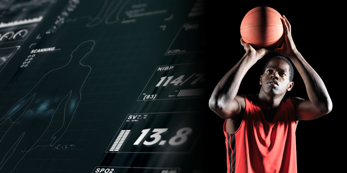 Image of basketball player with sports data floating next to them