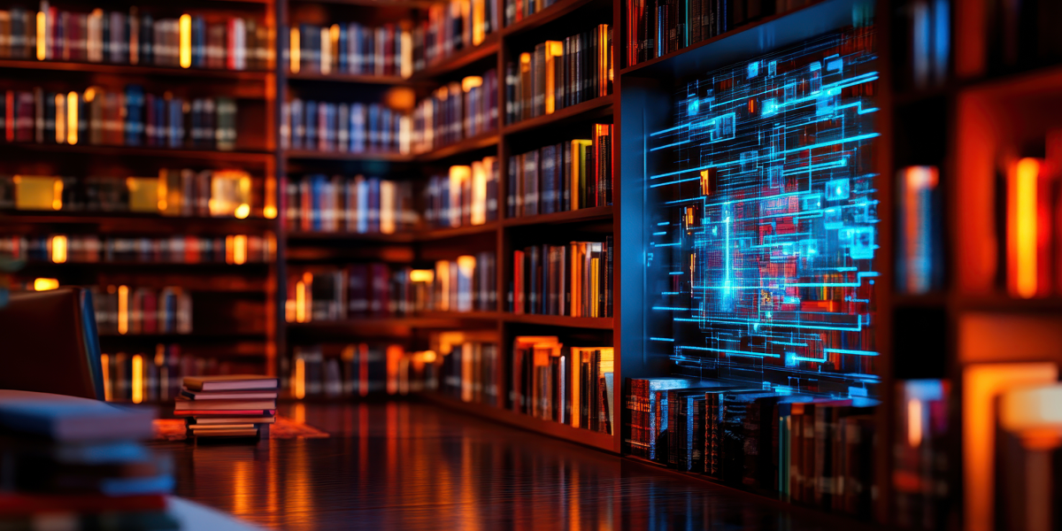 Modern library interior showcasing rows of books with a digital hologram interface displayed prominently on a shelf