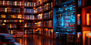 Modern library interior showcasing rows of books with a digital hologram interface displayed prominently on a shelf