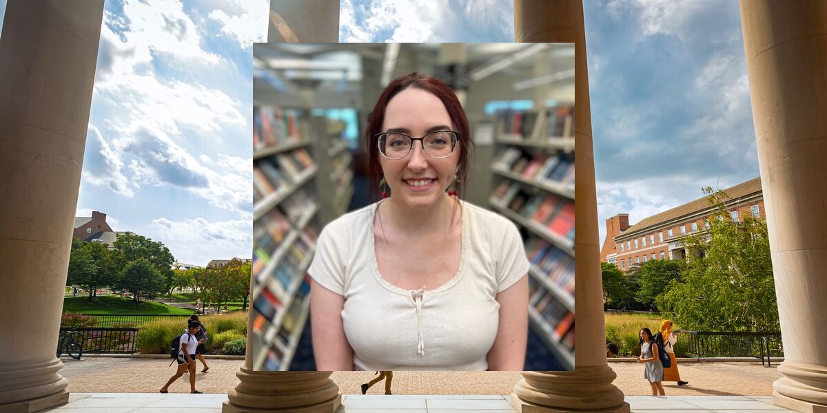 Photo of Erin Ramos with background image of UMD Hornbake Plaza