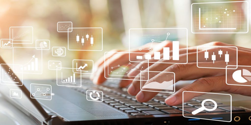 hands typing on a laptop with graphics overlaid on top o f search, graph, and chart icons