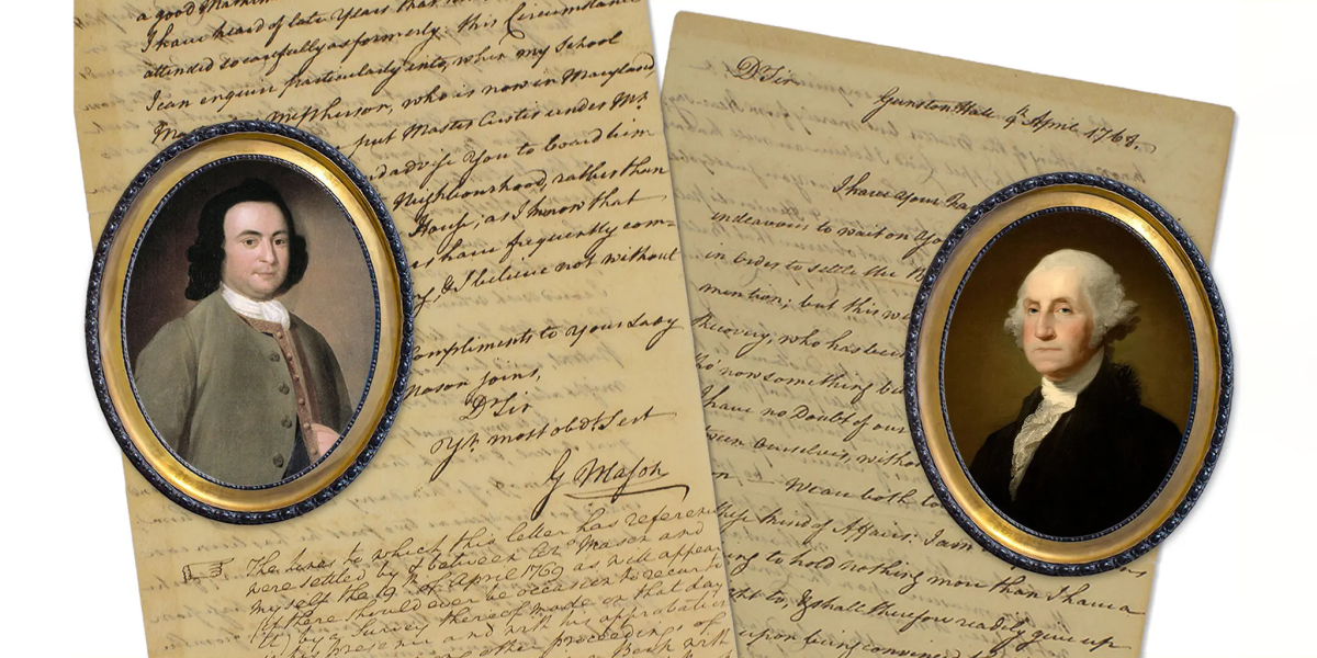 Two historical handwritten documents are displayed side by side. Each document features an oval portrait framed in gold and blue. The left portrait shows George Mason in 18th-century attire with dark shoulder-length hair. The right portrait shows George Washington with white hair and a formal black coat. The background consists of faded, cursive handwriting on aged parchment.