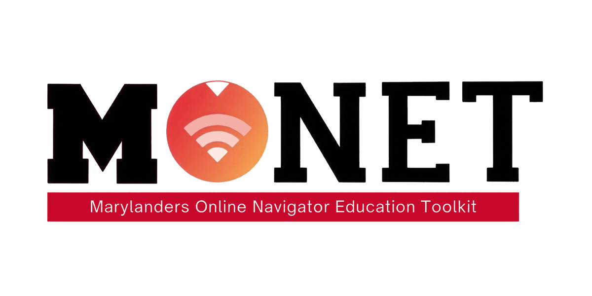 The MONET logo, featuring the word 'MONET' in black block letters. The 'O' is replaced by a circular design in a red and orange gradient with a white Wi-Fi signal icon. Below the word is a red bar containing the full name: Marylanders Online Navigator Education Toolkit.