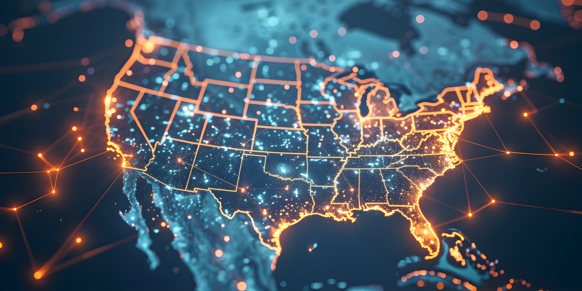 Digital map of the United States with glowing connections, representing global connectivity and technology in business.