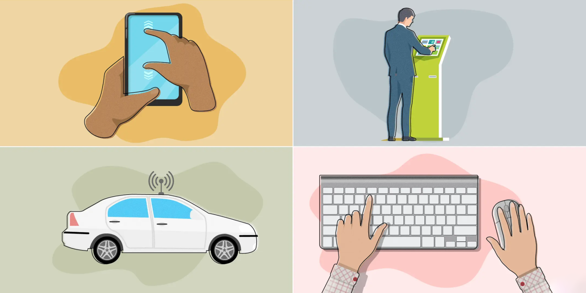 Illustration divided into four panels: top left shows hands using a smartphone touchscreen; top right shows a person at a self-service kiosk; bottom left shows a white car with a wireless signal above it; bottom right shows hands typing on a keyboard and using a computer mouse.