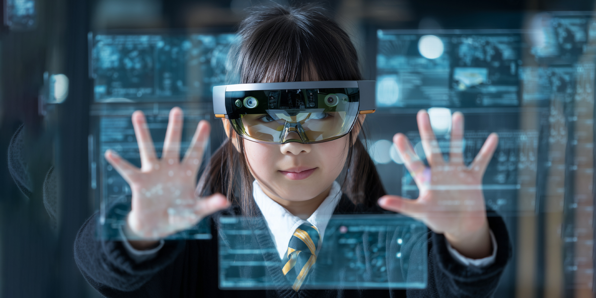 School student with VR headset using AI artificial intelligence technology & machine learning. Interactive technology in classroom. Innovation & smart tech. AI blue hologram in education.