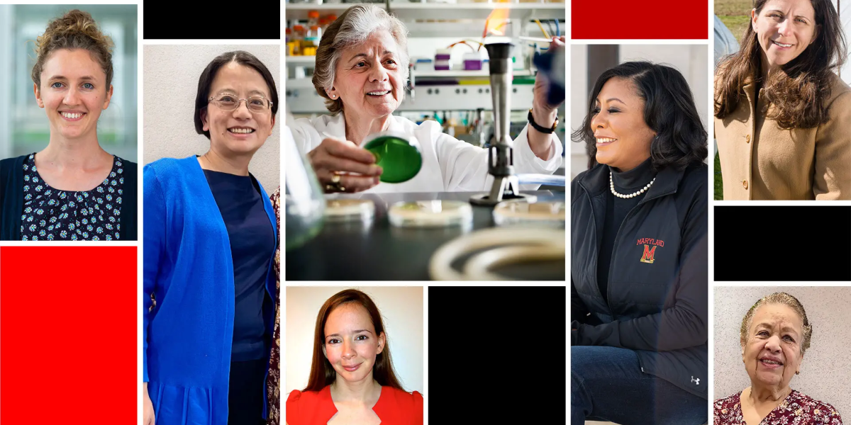 A grid style photo with women who work in the science sector.