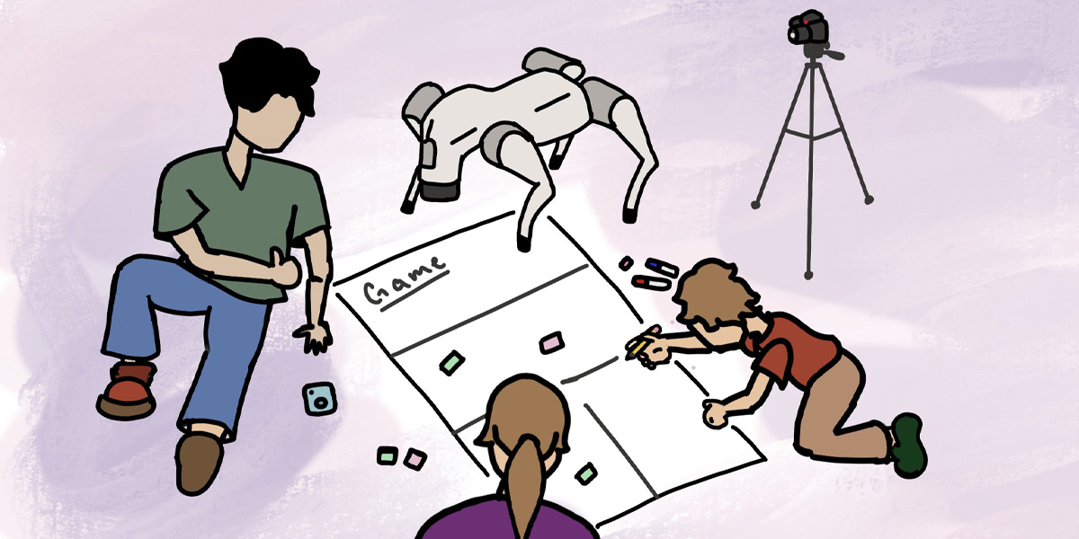 An illustration of people working alongside a robotic dog.